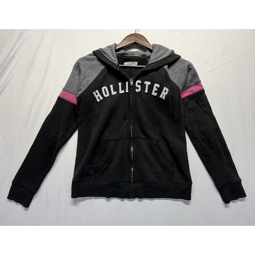 Hollister Womens Medium Black Gray Full‎ Zip Hoodie Sweatshirt Embroidered